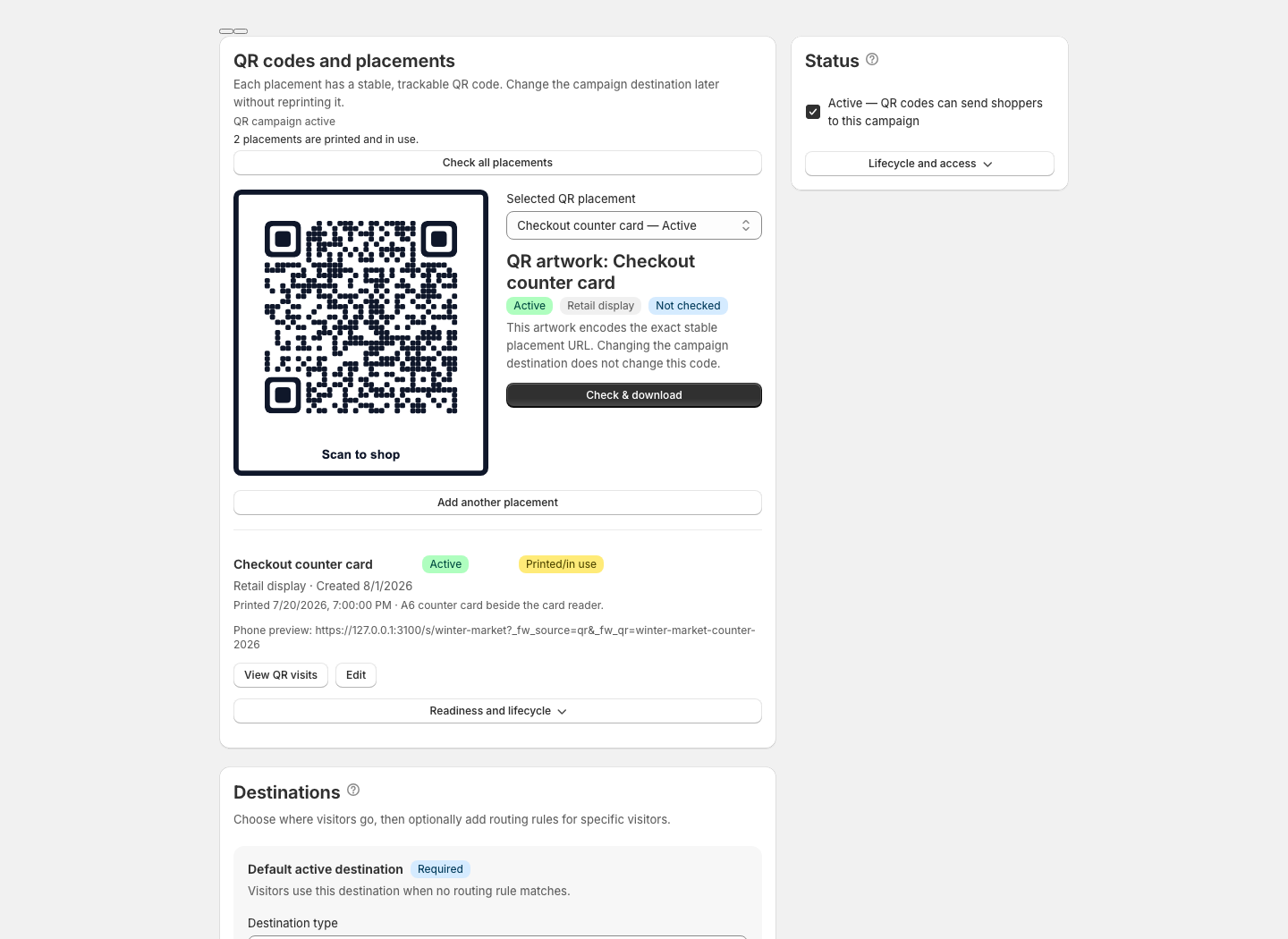 FlashWombat campaign editor with sample QR artwork, deployment status, and destination controls