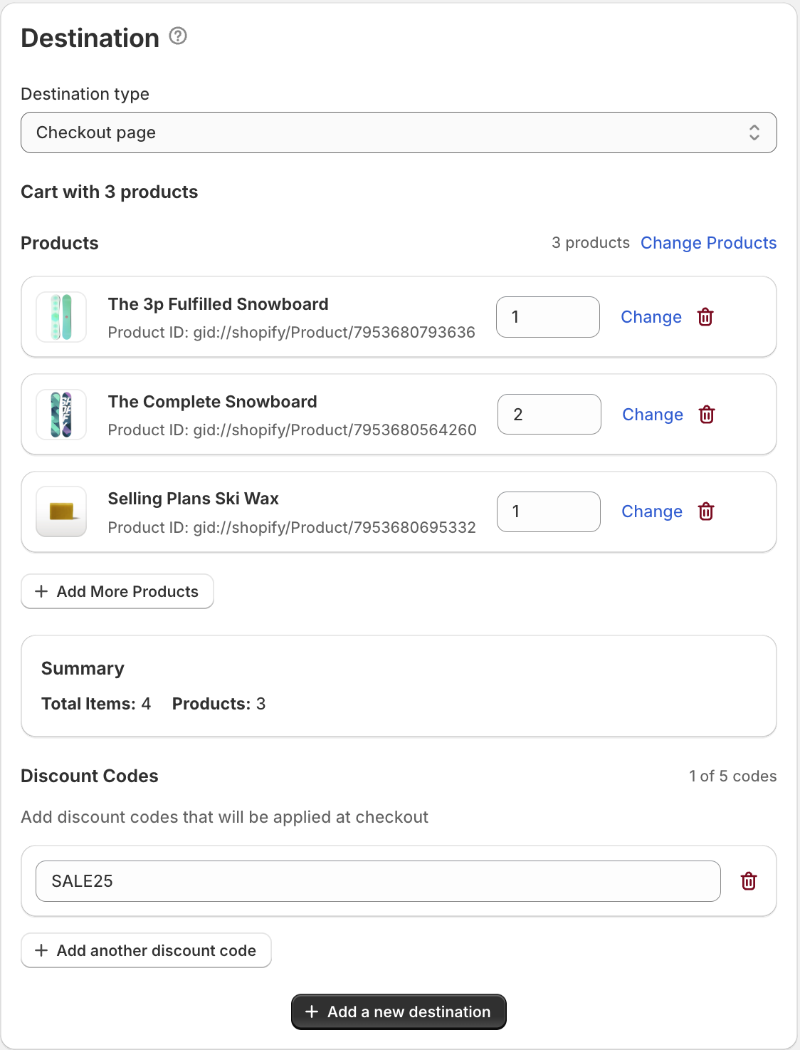 Checkout destination settings