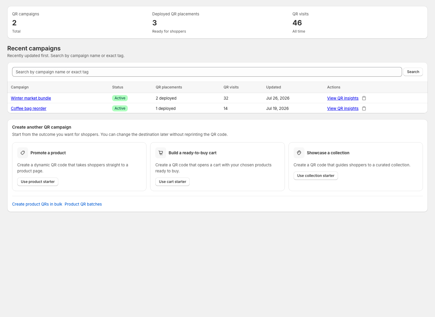 FlashWombat QR campaign dashboard with sample portfolio metrics, campaign status, and recently updated campaigns